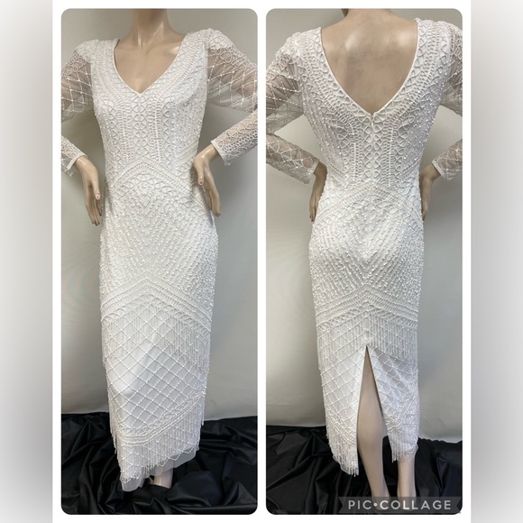 Aidan Mattox beaded with fringes long sleeves MIDI V-Neck gown - Picture 1 of 9